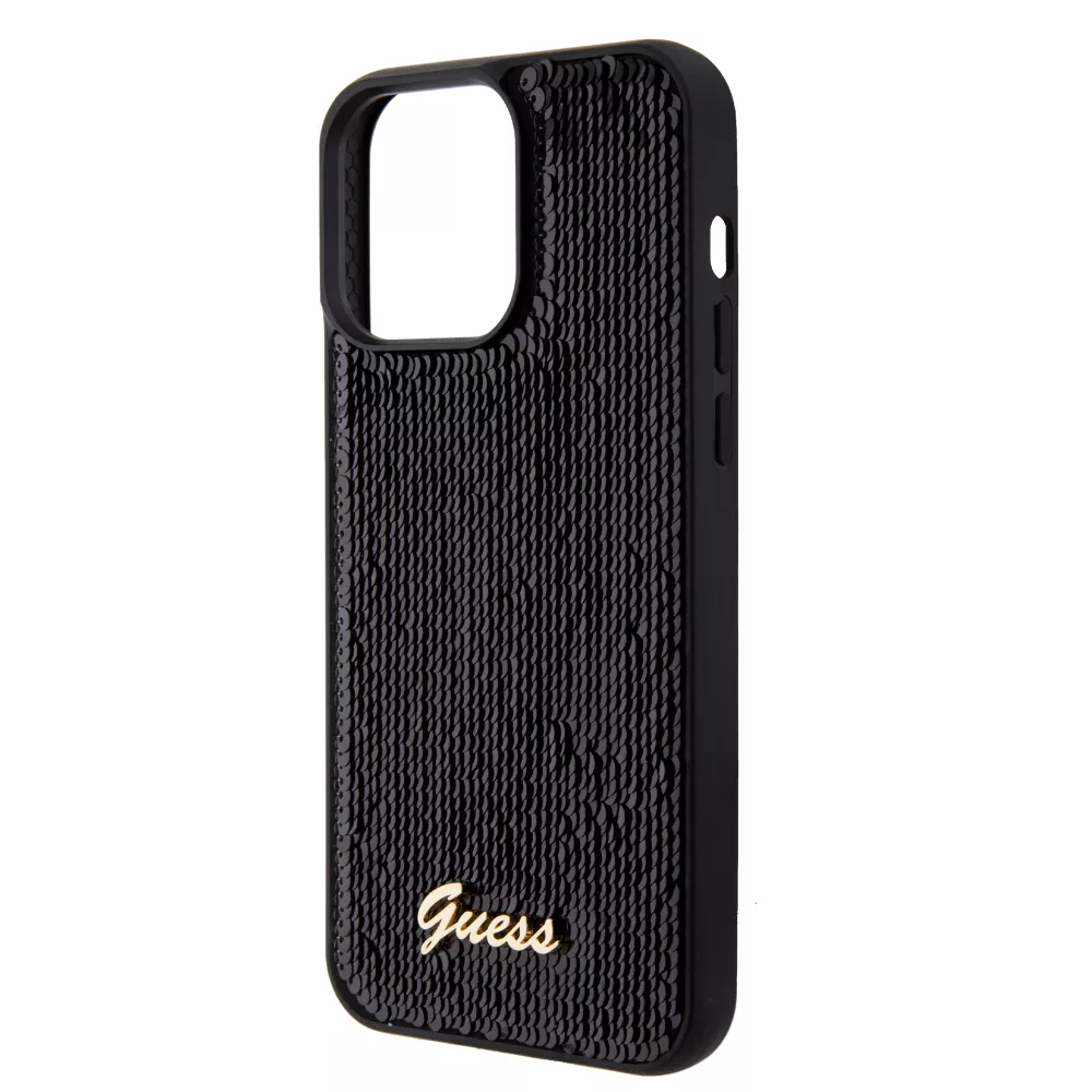 Coque iPhone 15 Pro Max - Guess paillettes réversibles anti-stress avec logo métallique doré - Noir