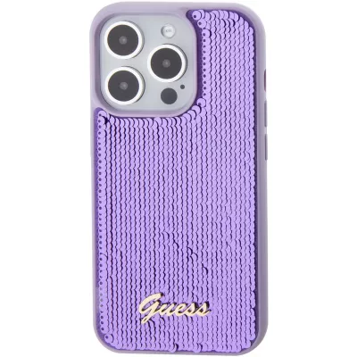 iPhone 15 Pro Max Case Hülle - Guess Anti-Stress Wendepailletten mit goldenem Metalllogo - Violett