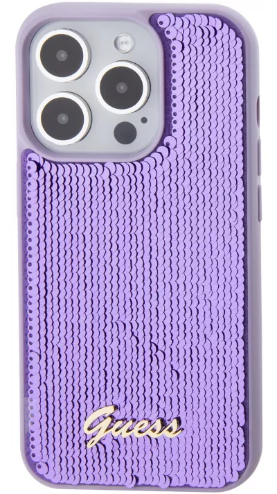 iPhone 15 Pro Max Case Hülle - Guess Anti-Stress Wendepailletten mit goldenem Metalllogo - Violett