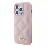 Coque iPhone 15 Pro Max - Guess similicuir molletonné en carreaux et logo doré métallique en relief - Rose clair