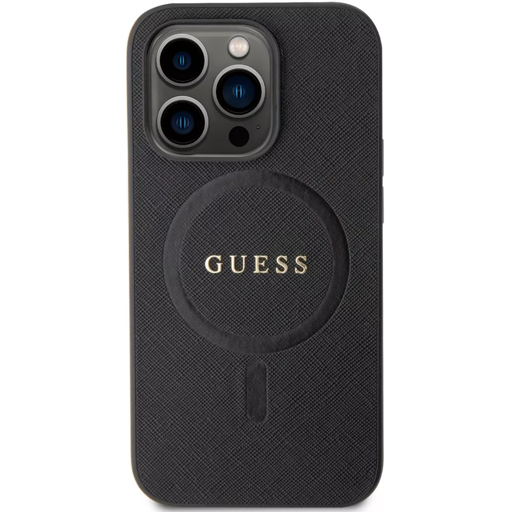 iPhone 15 Pro Case Hülle - Guess Kunstleder Saffiano Gold Metall-Logo und MagSafe - Schwarz