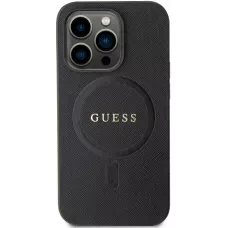 iPhone 15 Pro Case Hülle - Guess Kunstleder Saffiano Gold Metall-Logo und MagSafe - Schwarz