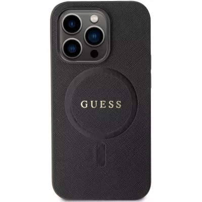 iPhone 15 Pro Case Hülle - Guess Kunstleder Saffiano Gold Metall-Logo und MagSafe - Schwarz