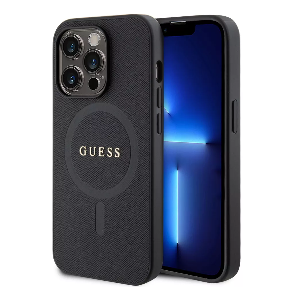 iPhone 15 Pro Case Hülle - Guess Kunstleder Saffiano Gold Metall-Logo und MagSafe - Schwarz