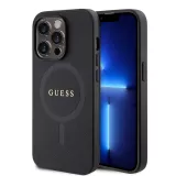 iPhone 15 Pro Case Hülle - Guess Kunstleder Saffiano Gold Metall-Logo und MagSafe - Schwarz