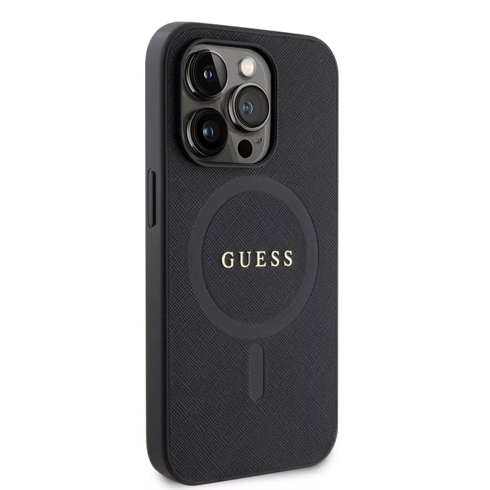 iPhone 15 Pro Case Hülle - Guess Kunstleder Saffiano Gold Metall-Logo und MagSafe - Schwarz
