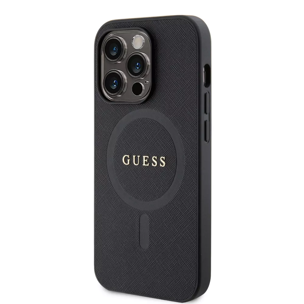 iPhone 15 Pro Case Hülle - Guess Kunstleder Saffiano Gold Metall-Logo und MagSafe - Schwarz