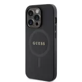 iPhone 15 Pro Case Hülle - Guess Kunstleder Saffiano Gold Metall-Logo und MagSafe - Schwarz