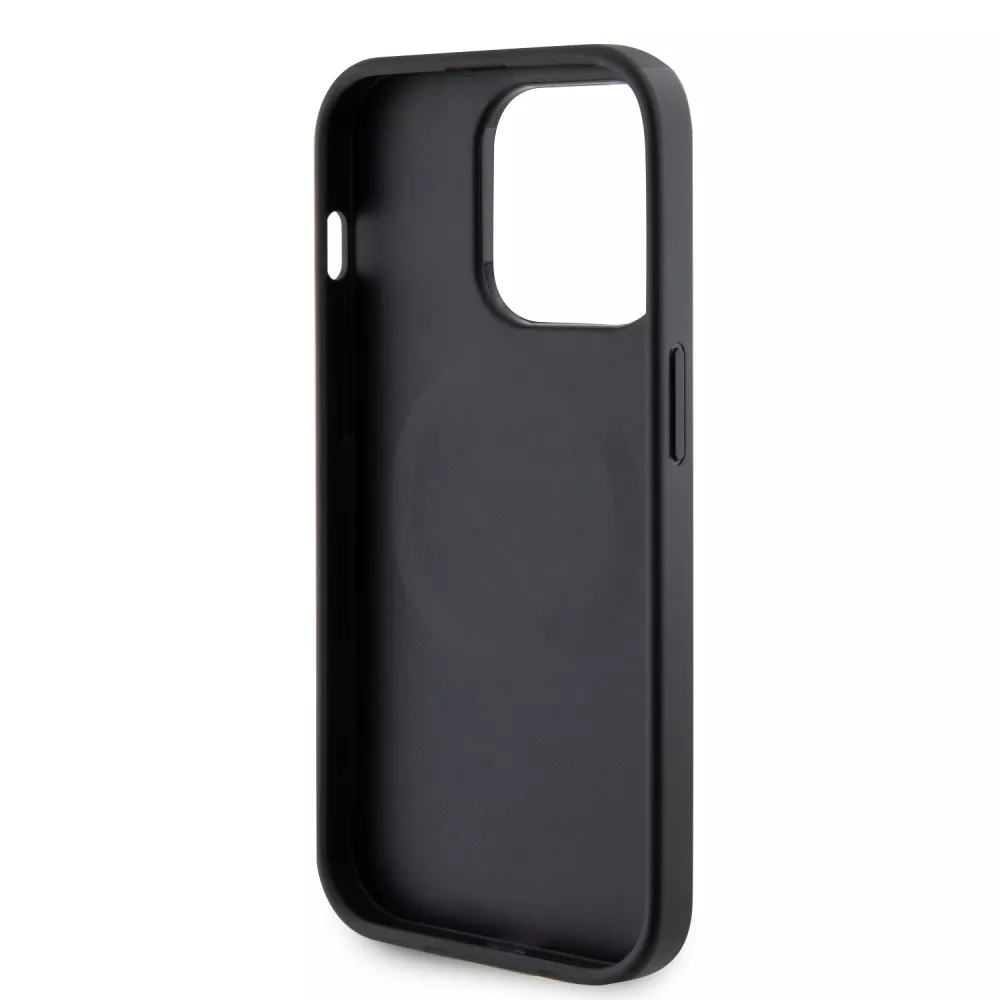 iPhone 15 Pro Case Hülle - Guess Kunstleder Saffiano Gold Metall-Logo und MagSafe - Schwarz