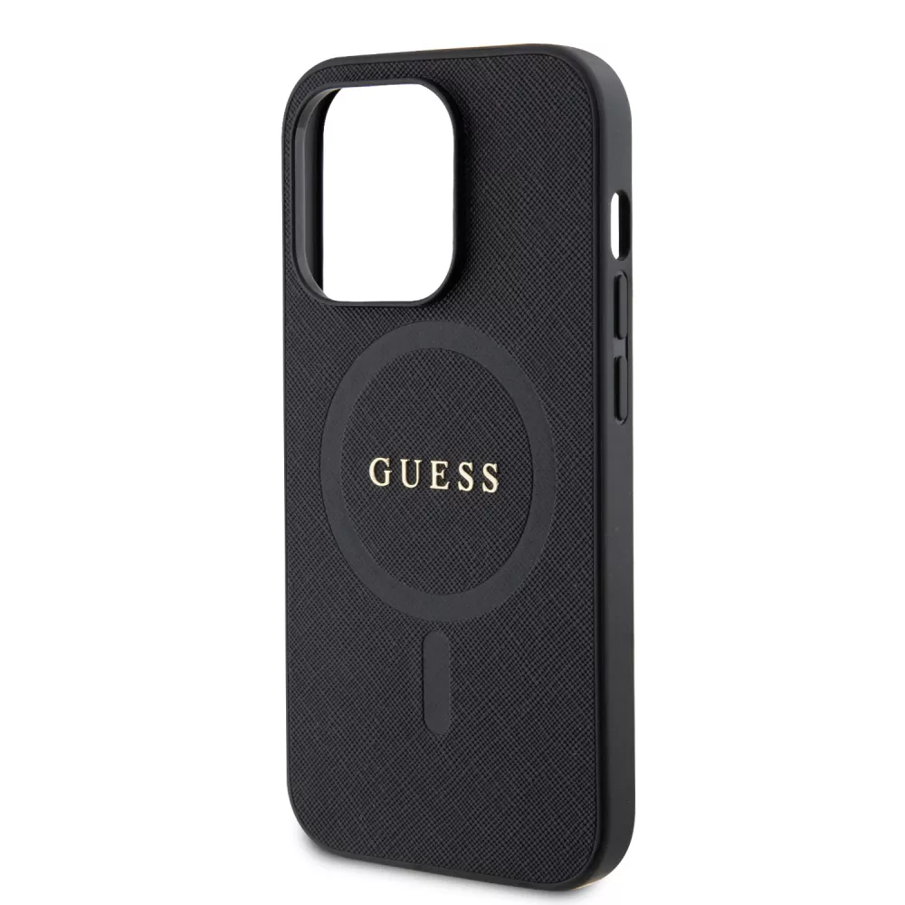 iPhone 15 Pro Case Hülle - Guess Kunstleder Saffiano Gold Metall-Logo und MagSafe - Schwarz