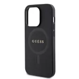 iPhone 15 Pro Case Hülle - Guess Kunstleder Saffiano Gold Metall-Logo und MagSafe - Schwarz