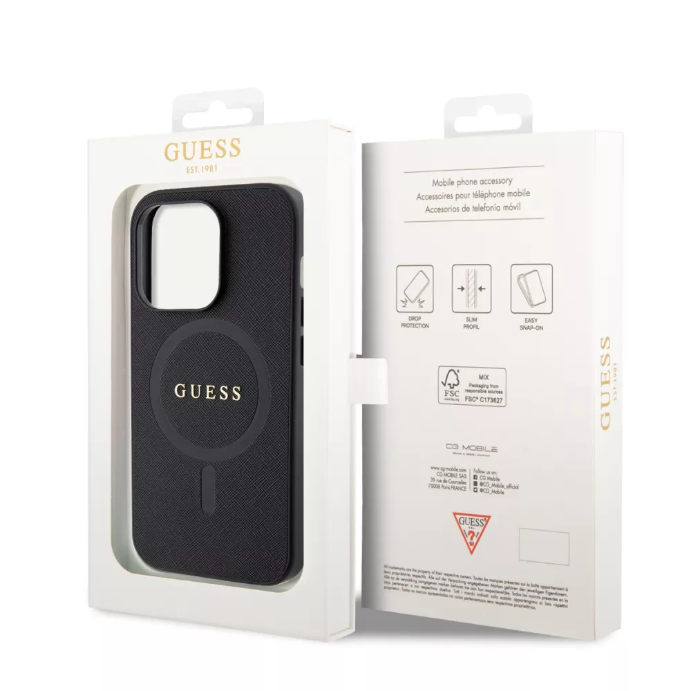 iPhone 15 Pro Case Hülle - Guess Kunstleder Saffiano Gold Metall-Logo und MagSafe - Schwarz