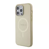 iPhone 15 Pro Case Hülle - Guess Kunstleder Saffiano Gold Metall-Logo und MagSafe - Gold