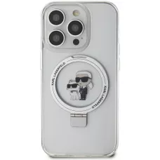 Coque iPhone 14 Pro - Karl Lagerfeld et Choupette gel laqué avec anneau métallique de support amovible intégré et Magsafe - Transparent