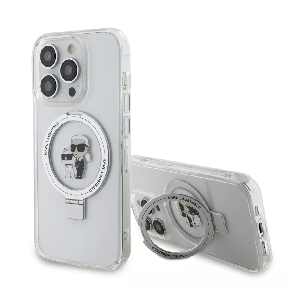 Coque iPhone 14 Pro - Karl Lagerfeld et Choupette gel laqué avec anneau métallique de support amovible intégré et Magsafe - Transparent