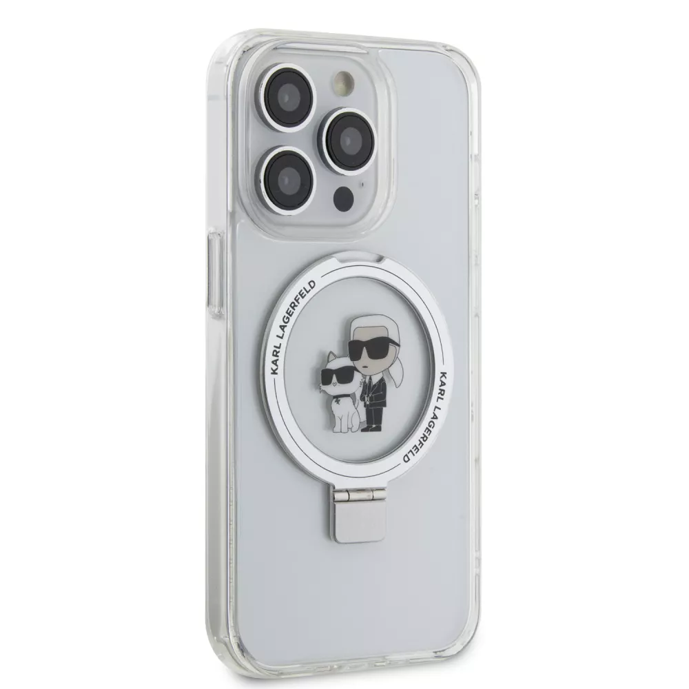 Coque iPhone 14 Pro - Karl Lagerfeld et Choupette gel laqué avec anneau métallique de support amovible intégré et Magsafe - Transparent