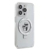 Coque iPhone 14 Pro - Karl Lagerfeld et Choupette gel laqué avec anneau métallique de support amovible intégré et Magsafe - Transparent
