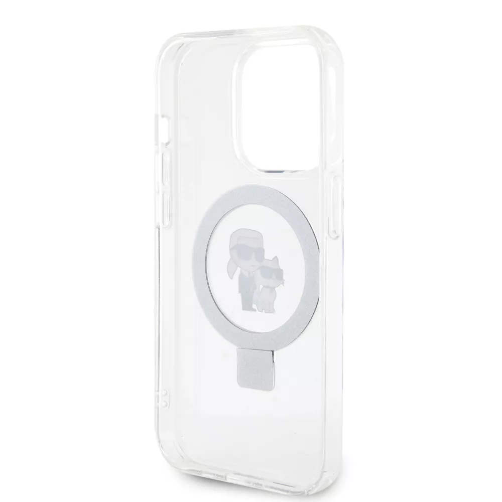 Coque iPhone 14 Pro - Karl Lagerfeld et Choupette gel laqué avec anneau métallique de support amovible intégré et Magsafe - Transparent