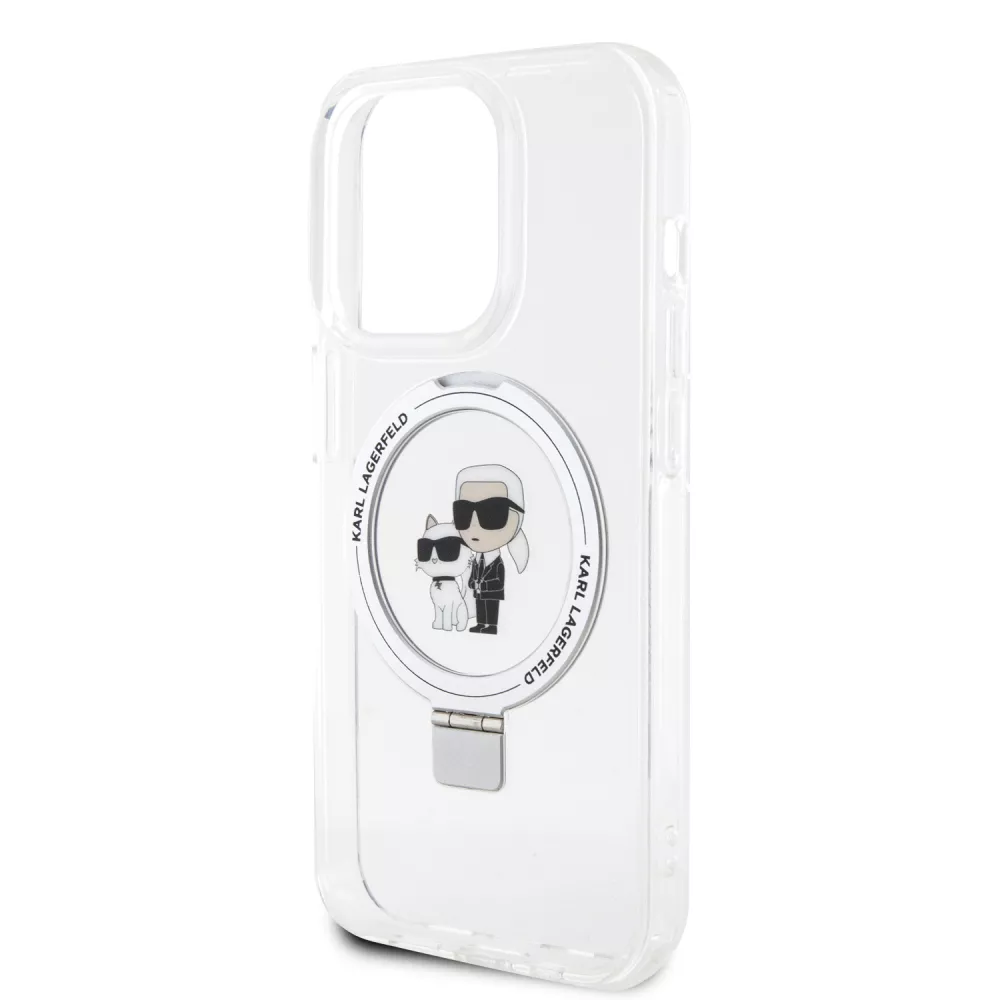 Coque iPhone 14 Pro - Karl Lagerfeld et Choupette gel laqué avec anneau métallique de support amovible intégré et Magsafe - Transparent