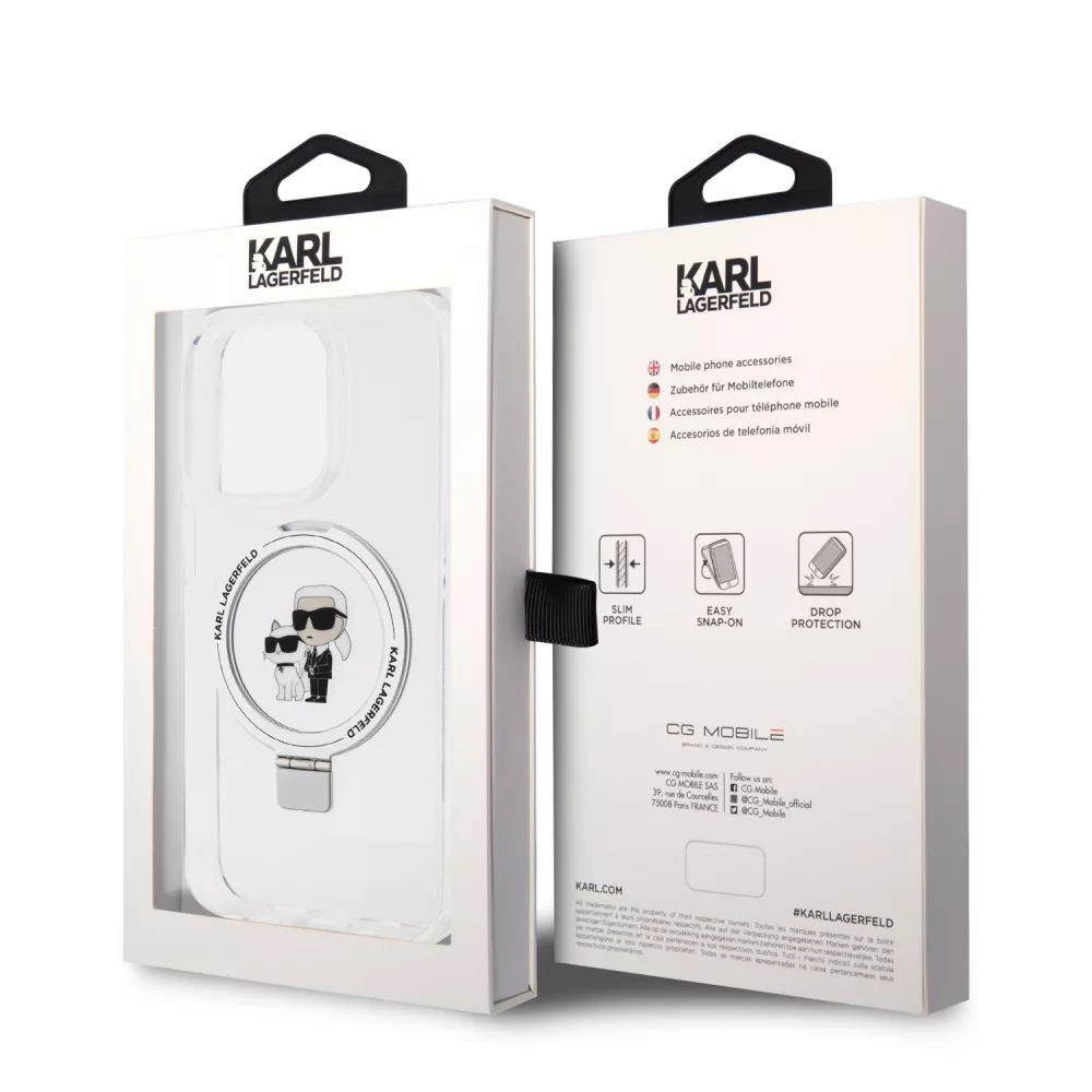 Coque iPhone 14 Pro - Karl Lagerfeld et Choupette gel laqué avec anneau métallique de support amovible intégré et Magsafe - Transparent