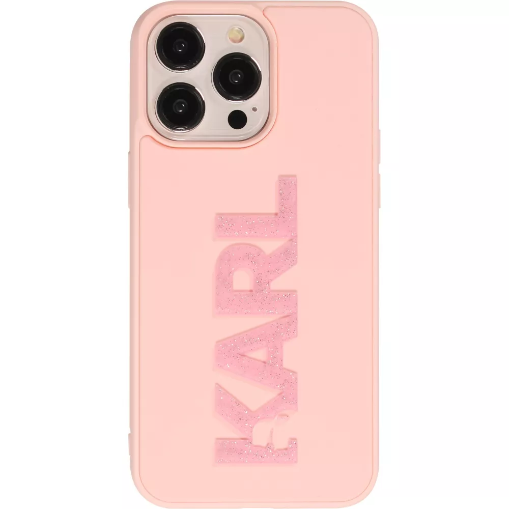 Coque iPhone 15 Pro Max - Karl Lagerfeld silicone mat avec logo 3D pailleté - Rose