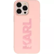 Coque iPhone 15 Pro Max - Karl Lagerfeld silicone mat avec logo 3D pailleté - Rose