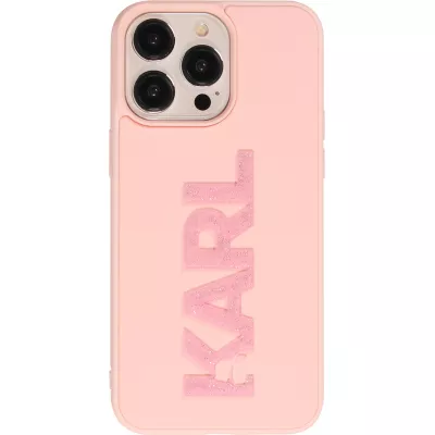 Coque iPhone 15 Pro - Karl Lagerfeld silicone mat avec logo 3D pailleté - Rose