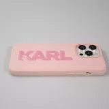 Coque iPhone 15 Pro Max - Karl Lagerfeld silicone mat avec logo 3D pailleté - Rose
