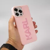 Coque iPhone 15 Pro Max - Karl Lagerfeld silicone mat avec logo 3D pailleté - Rose