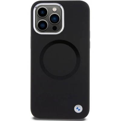 iPhone 15 Pro Max Case H&uuml;lle - BMW Silikon Soft Touch mit MagSafe und Metall-Logo  - Schwarz