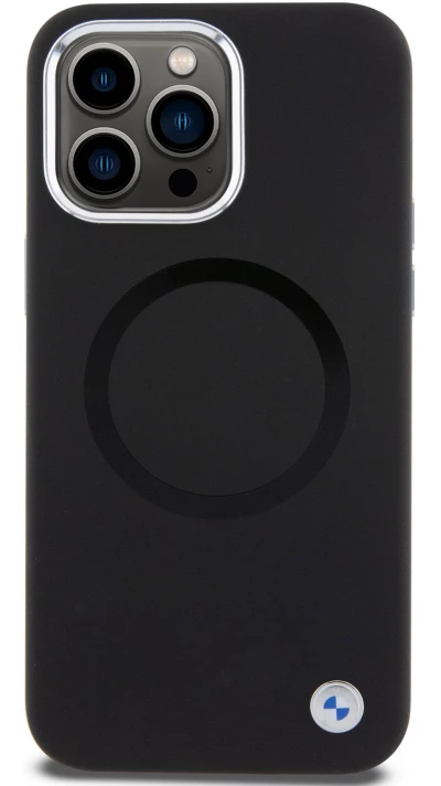 Coque iPhone 15 Pro Max - BMW silicone Soft Touch avec MagSafe et logo m&eacute;tallique - Noir