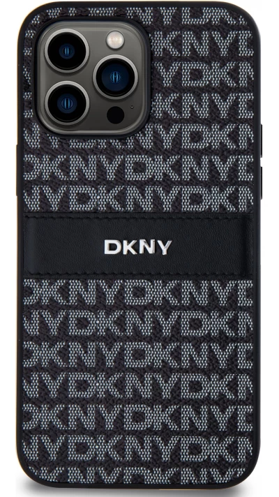 iPhone 15 Pro Max Case H&uuml;lle - DKNY Silikon Kunstleder Monogramm Metall-Logo - Schwarz
