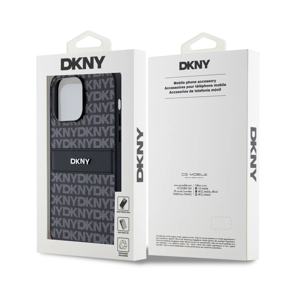 iPhone 15 Pro Max Case H&uuml;lle - DKNY Silikon Kunstleder Monogramm Metall-Logo - Schwarz