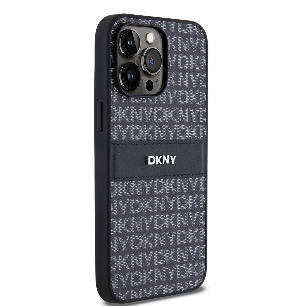 iPhone 15 Pro Max Case H&uuml;lle - DKNY Silikon Kunstleder Monogramm Metall-Logo - Schwarz
