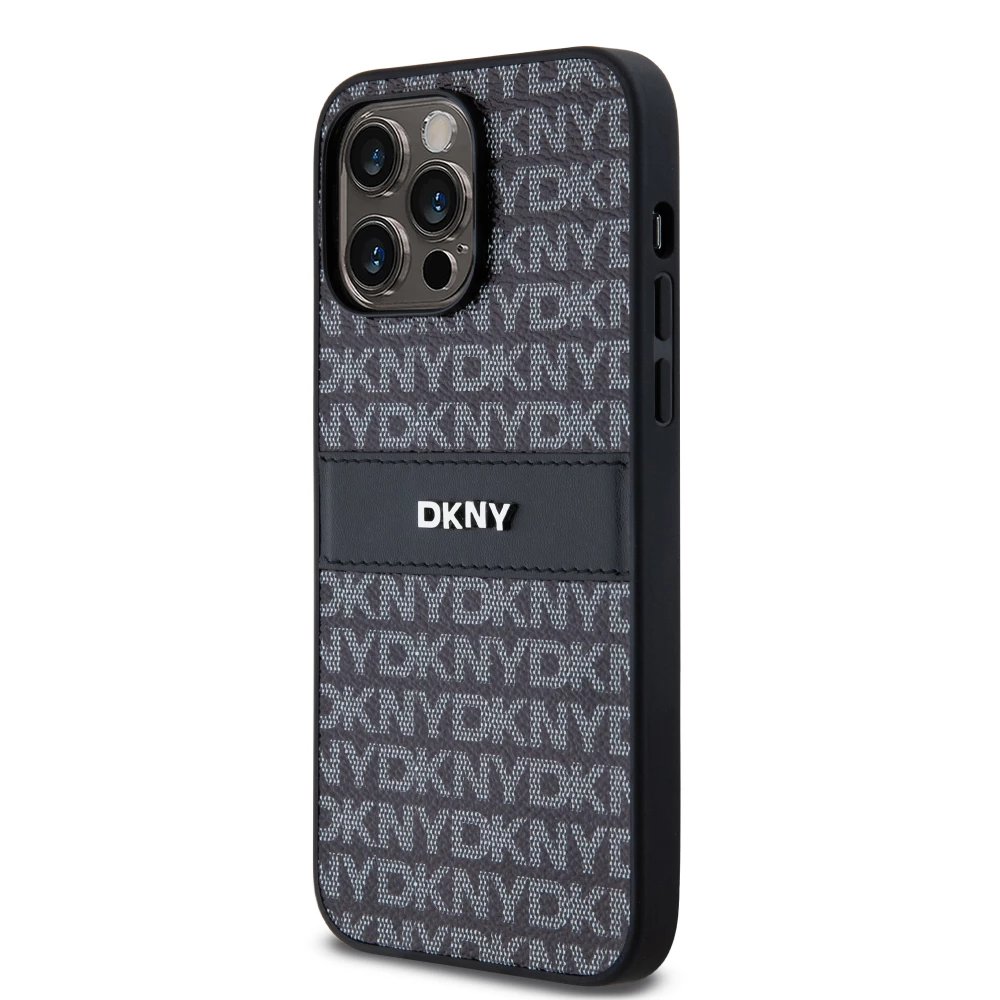 iPhone 15 Pro Max Case H&uuml;lle - DKNY Silikon Kunstleder Monogramm Metall-Logo - Schwarz