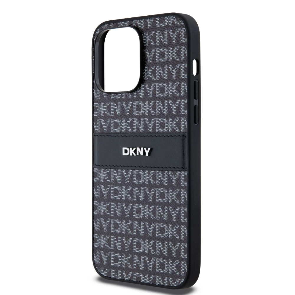 iPhone 15 Pro Max Case H&uuml;lle - DKNY Silikon Kunstleder Monogramm Metall-Logo - Schwarz