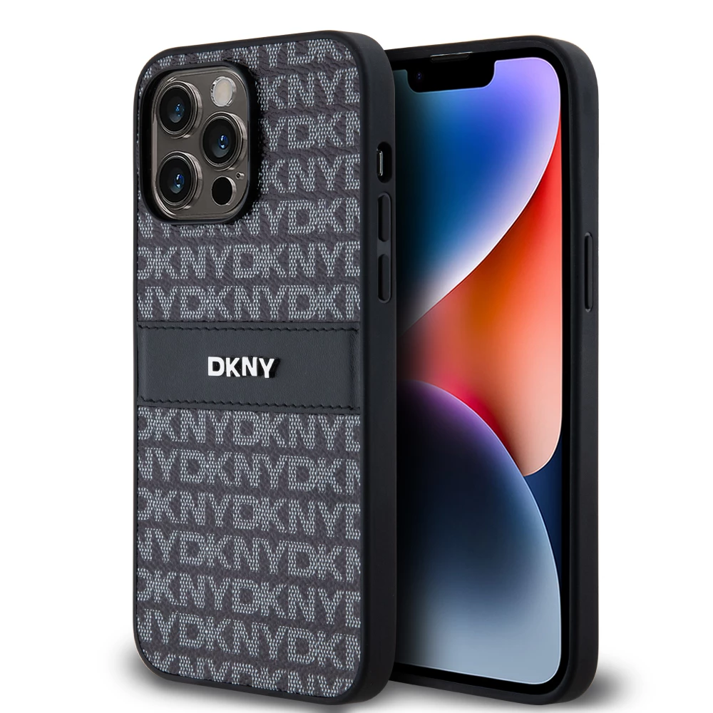 iPhone 15 Pro Max Case H&uuml;lle - DKNY Silikon Kunstleder Monogramm Metall-Logo - Schwarz