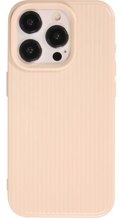 Coque iPhone 15 Pro Max - Gel silicone brillant avec lignes textur&eacute;es - Blanc