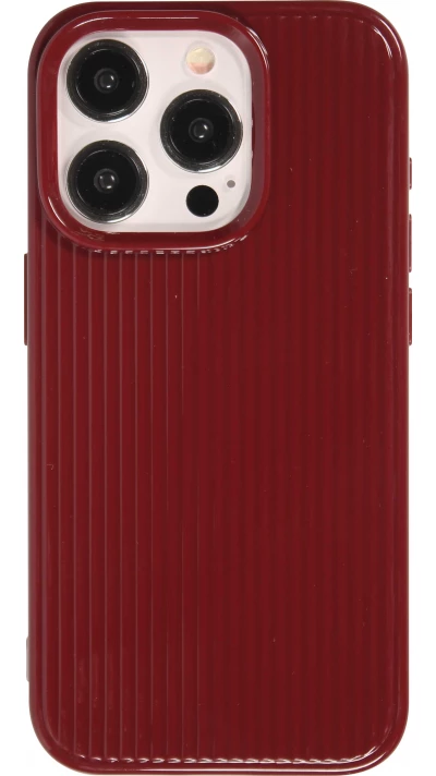 Coque iPhone 15 Pro Max - Gel silicone brillant avec lignes textur&eacute;es - Bordeaux