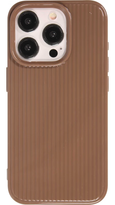 Coque iPhone 15 Pro Max - Gel silicone brillant avec lignes textur&eacute;es - Brun