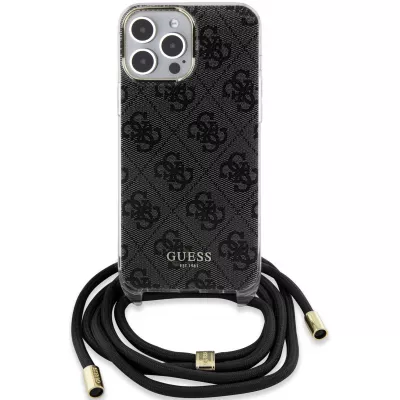Coque iPhone 15 Pro - Guess monogramme laqué avec lanière ajustable intégrée - Gris