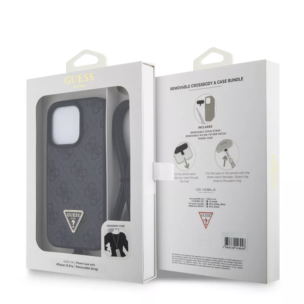 Coque iPhone 15 Pro - Guess monogramme similicuir logo métal et strass avec lanière amovible - Noir