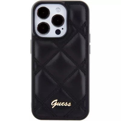 Coque iPhone 15 Pro Max - Guess similicuir molletonné en carreaux et logo doré métallique en relief - Noir
