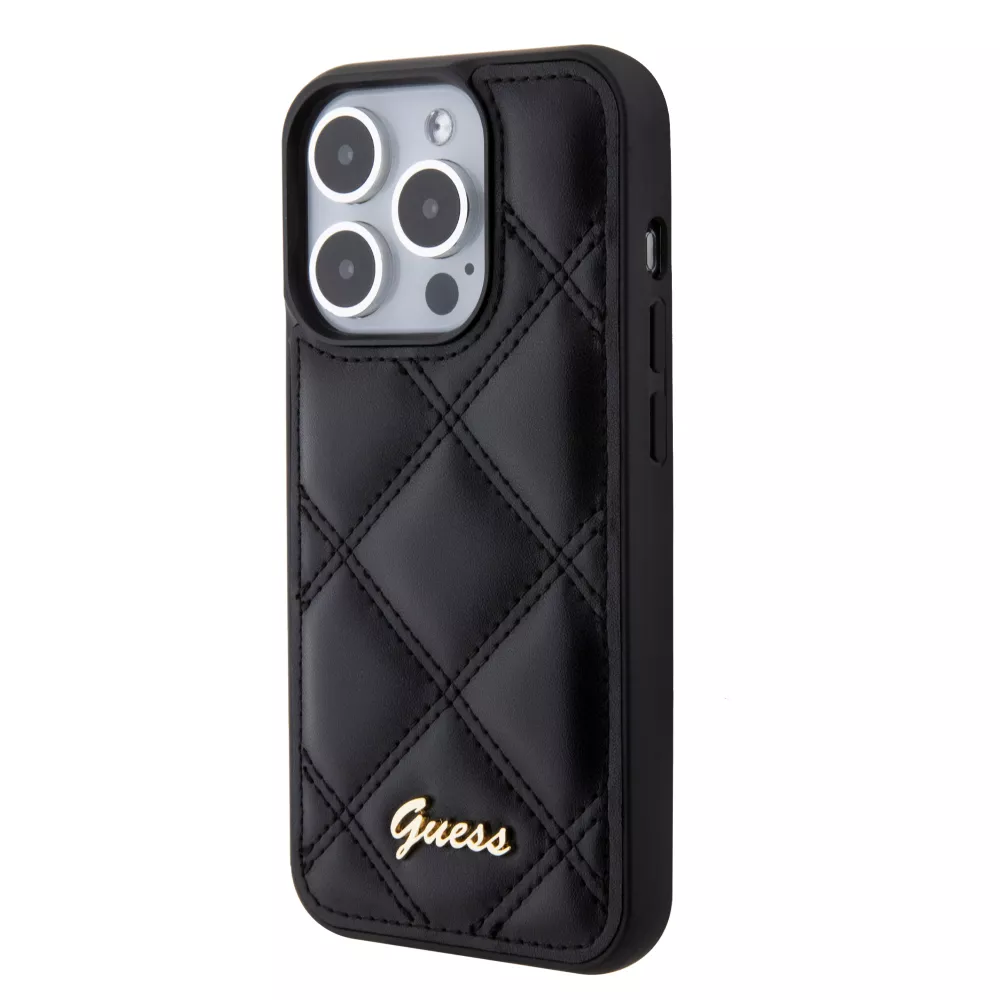 Coque iPhone 15 Pro Max - Guess similicuir molletonné en carreaux et logo doré métallique en relief - Noir