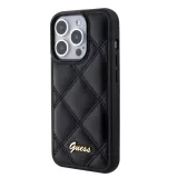 Coque iPhone 15 Pro Max - Guess similicuir molletonné en carreaux et logo doré métallique en relief - Noir