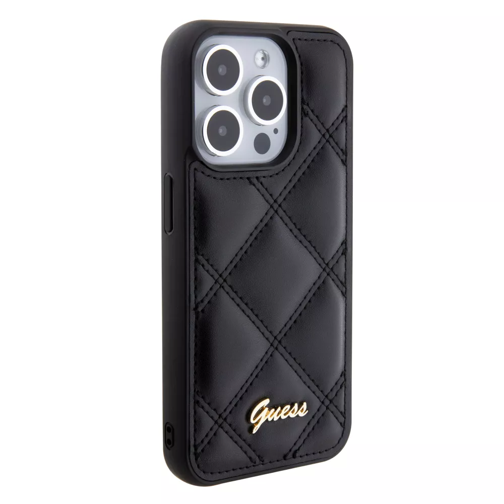 Coque iPhone 15 Pro Max - Guess similicuir molletonné en carreaux et logo doré métallique en relief - Noir