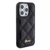 Coque iPhone 15 Pro Max - Guess similicuir molletonné en carreaux et logo doré métallique en relief - Noir