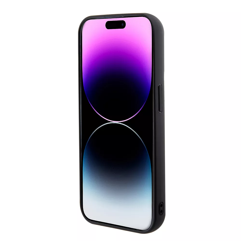 Coque iPhone 15 Pro Max - Guess similicuir molletonné en carreaux et logo doré métallique en relief - Noir