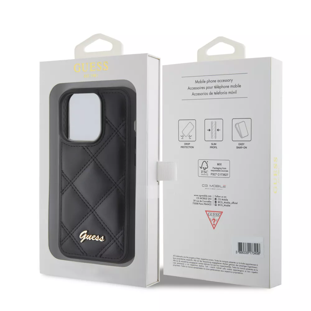 Coque iPhone 15 Pro Max - Guess similicuir molletonné en carreaux et logo doré métallique en relief - Noir