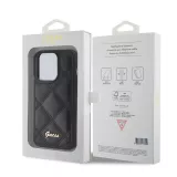 Coque iPhone 15 Pro Max - Guess similicuir molletonné en carreaux et logo doré métallique en relief - Noir
